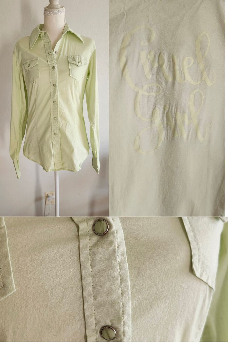 Cruel Girl Western Shirt Women's M Light Green Pearl Snap Y2K Cowboy